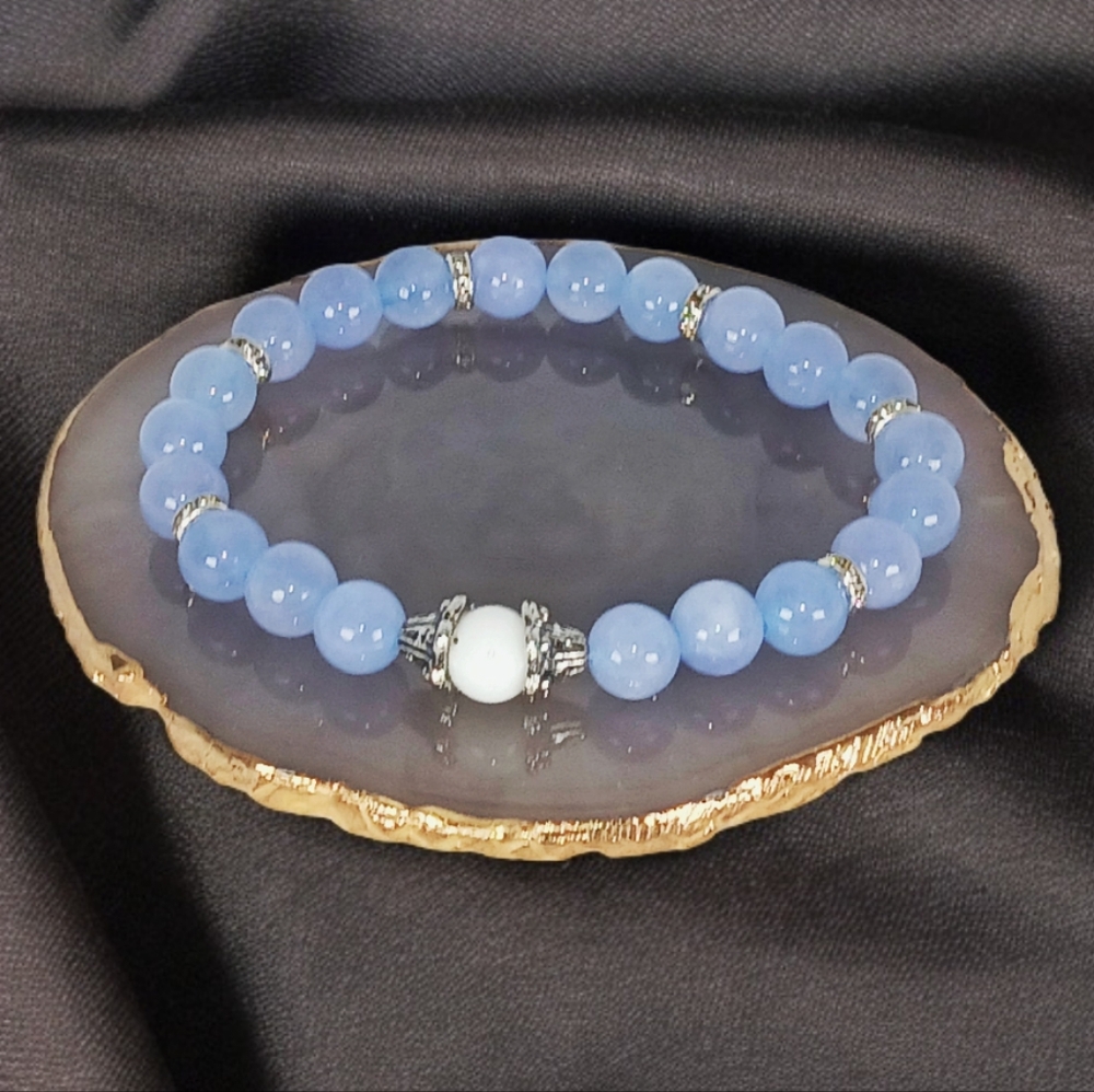 Pale Blue Aquamarine & White Onyx Silver Stretch Bracelet Y2K Downtown Girl 00s